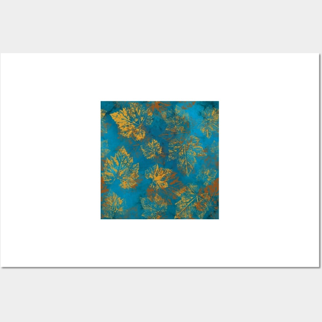 Yellow fall leaves imprints on vibrant blue background. Gold Maple leaves. Golden autumn pattern. Wall Art by likapix